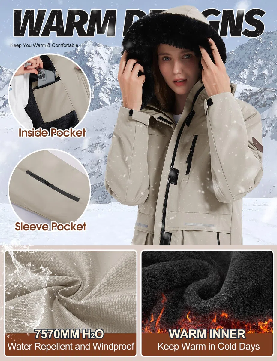 CMTOP Chaqueta Esqui Mujer Chaqueta Cálida de Invierno para Mujer al Aire Libre Abrigo Impermeable a Prueba de Viento Chaqueta de Esquí para Acampar con Capucha Desmontable