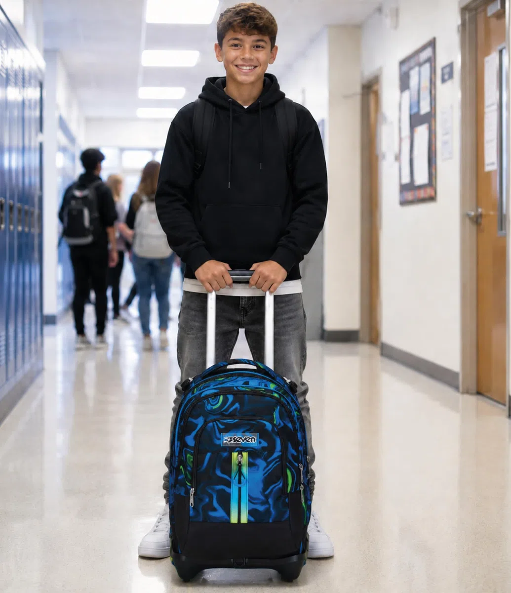 Seven Mochila escolar Detach con función trolley, mochila con ruedas, para escuela, deportes, ocio, a partir de 1er grado, 3 en 1, con compartimento para botella de agua, mochila pequeña, para niños