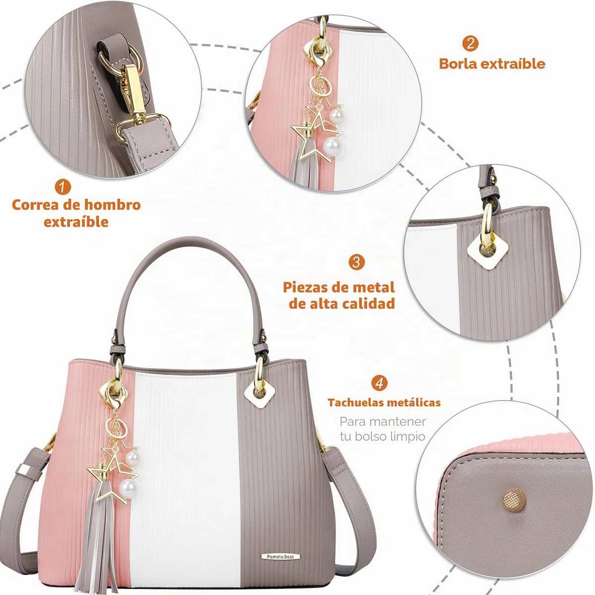 Pomelo Best Bolsos de Mujer, Bolso Señora Tote Multicolor Rayas PU Cuero Con Flecos Bolso Hombro Bolso Shopper perfecto para Trabajo, Diario Vida, Navidad y Fiesta ect (Rosa)