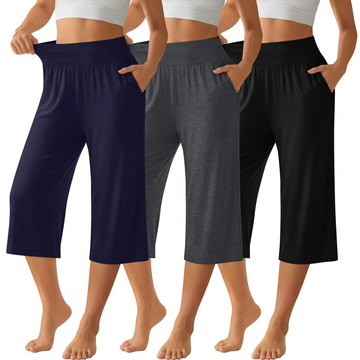Neer Paquete de 3 Pantalones Capri de Mujer de Pierna Ancha y Cintura Alta, Estilo Cropped, Casuales y con Bolsillo.