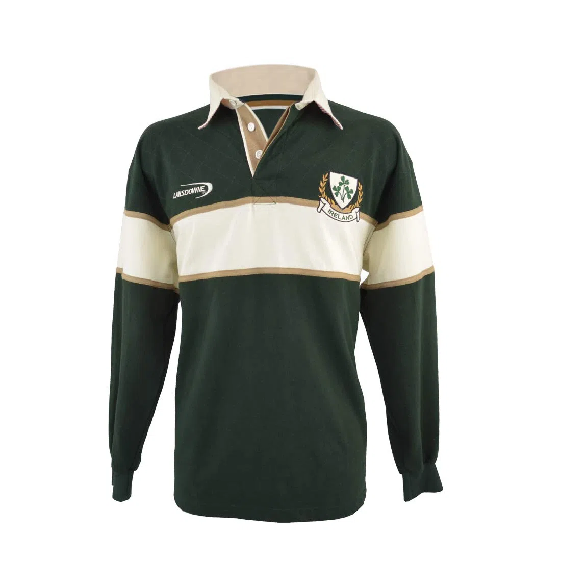 Ireland Bottle/Natural 3 Shamrock - Camiseta de Rugby de Manga Larga