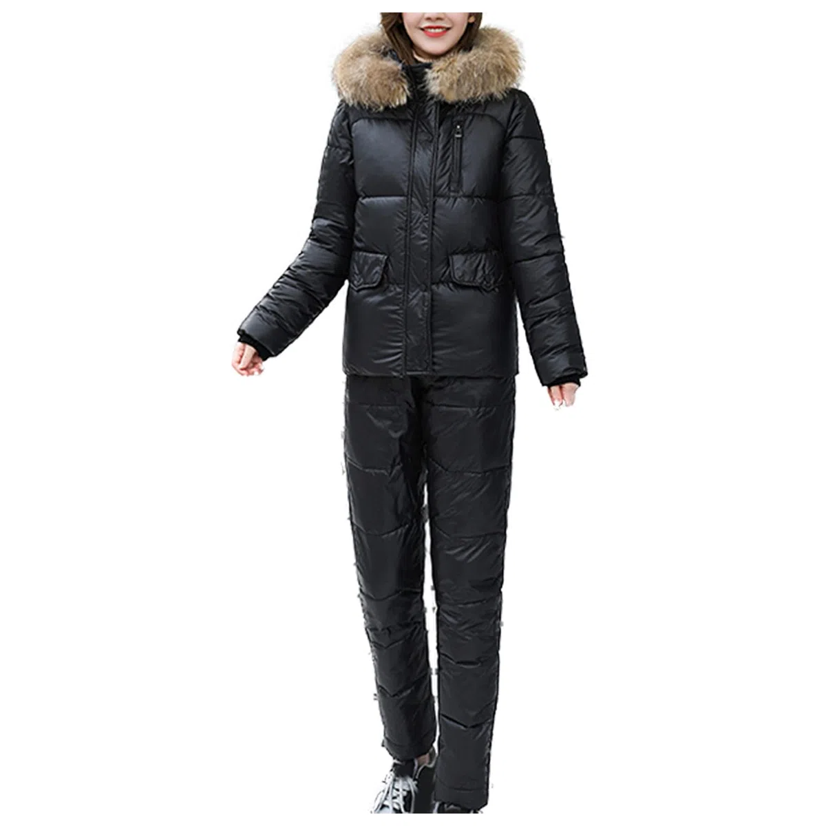 Traje de esquí acolchado para mujer, conjunto de 2 piezas, traje de esquí para mujer con capucha mullida, conjunto minimalista de color sólido, resistente al viento y al agua, abrigo de nieve casual