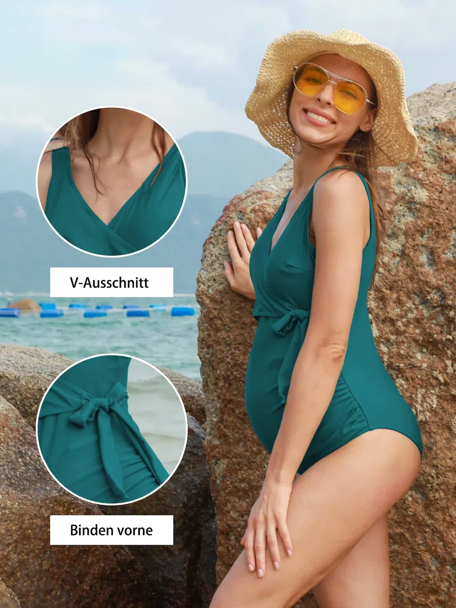 Traje de baño de maternidad de una pieza elegante con cuello en V, traje de baño de maternidad con lazo frontal