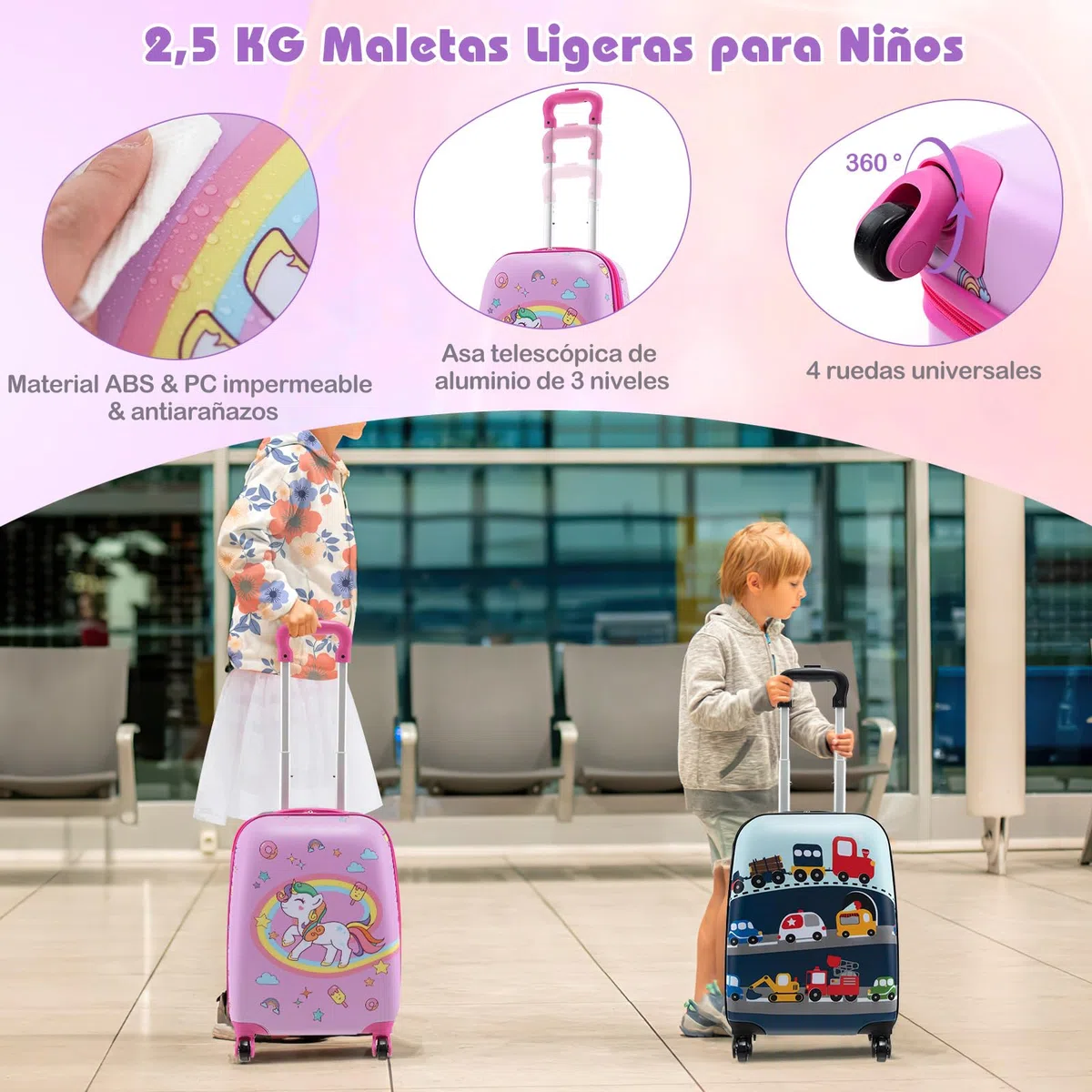 COSTWAY Maleta Cabina Niños de 5 Piezas, Maleta de Viaje Infantil con Mochila, Almohada para Cuello, Etiqueta de Equipaje, Bolsa de Almuerzo, Maleta niña con Ruedas Universales (Unicornio)
