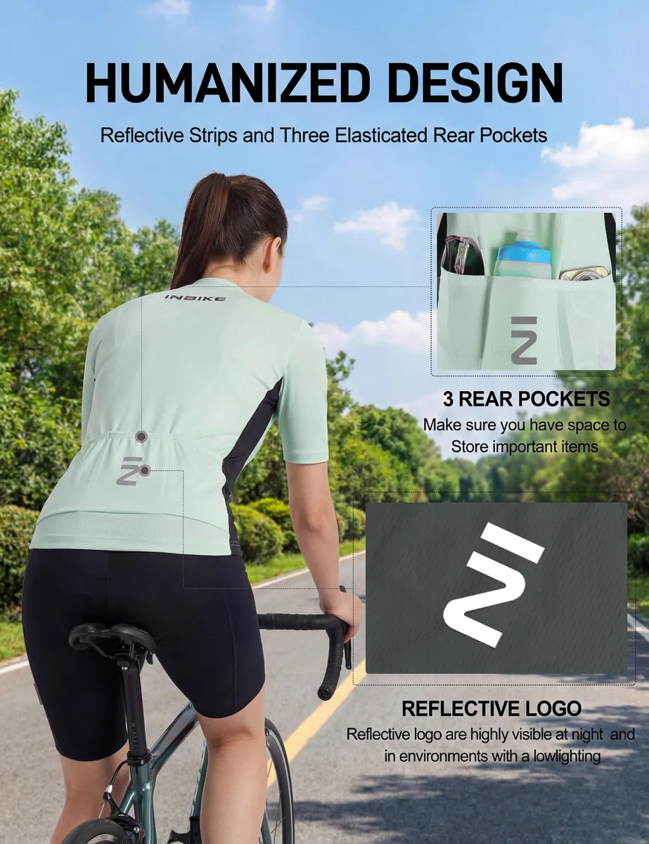 INBIKE Conjunto de maillot de ciclismo para mujer Culotte acolchado + maillot de ciclismo con 3 bolsillos Manga corta Verano Transpirable Secado rápido Suave Agradable al tacto DM