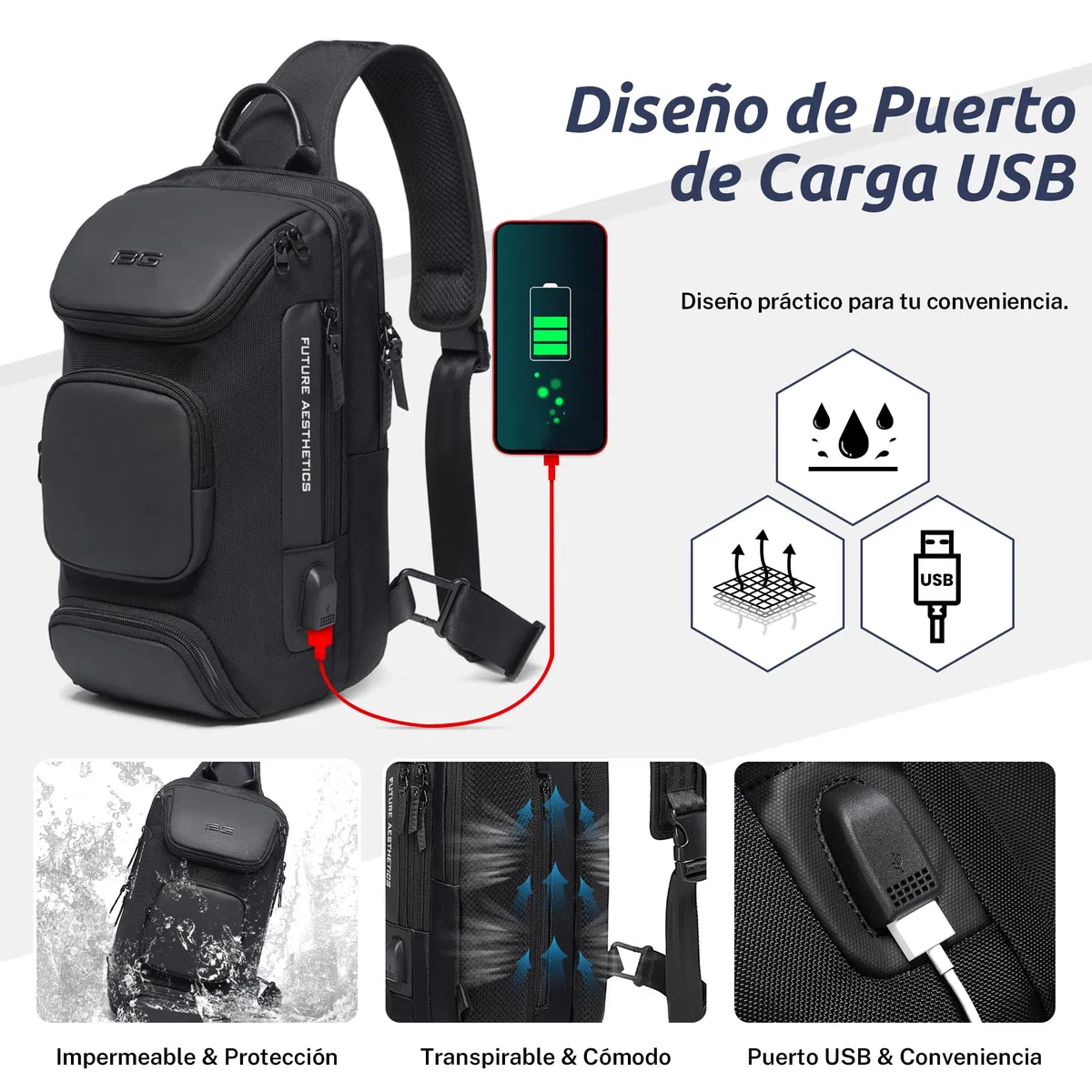 VARLIVOO Bolsos de Hombro para Hombre Bolsos Cruzados USB Port Sling Bag Bandolera Bolsa de Pecho Crossbody Bolsa Alta Capacidad Viajar Impermeable Poliéster Sling Backpack Negro