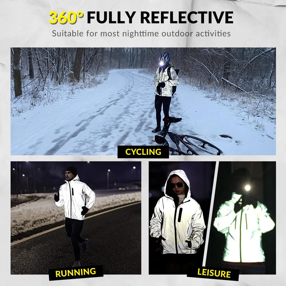 Reflectante Chaqueta Cortavientos para Mujer, Hombres Impermeable Transpirable Totalmente Chubasquero con Capucha & Bolsillos, para Bici, Patinete, Correr