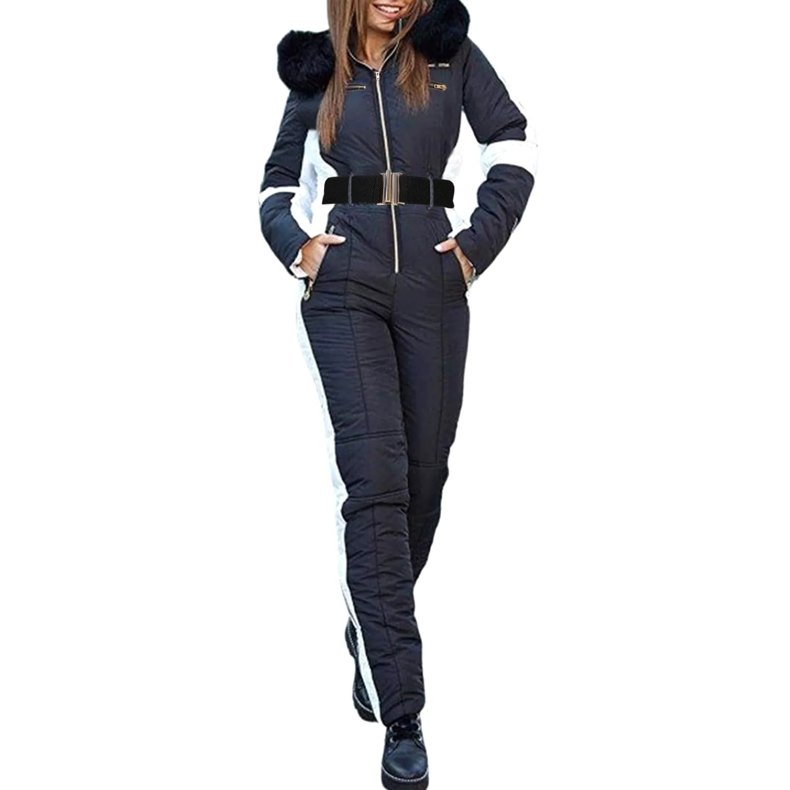 Traje de nieve para mujer, traje de esquí de una pieza, cálido, con capucha, mono largo con capucha, traje de nieve, pantalones de esquí, elegante, ropa de esquí, impermeable, snowboard para