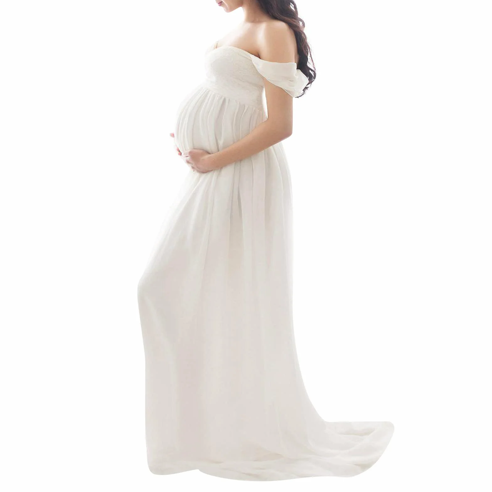 Loalirando Vestido de Embarazo Shooting Foto de Gasa Ligera, Vestido de Maternidad Maxi-Largo Hombro Desnudo para Fotografía
