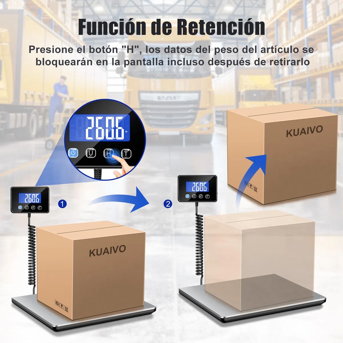Bascula Industrial, Bascula Maletas Viaje de 300kg/20g con Función de Retención/Tara, Báscula con Pantalla LCD para Paquetes, Equipaje y Almacén, Incluye 2 Baterías AAA y Cable de Carga